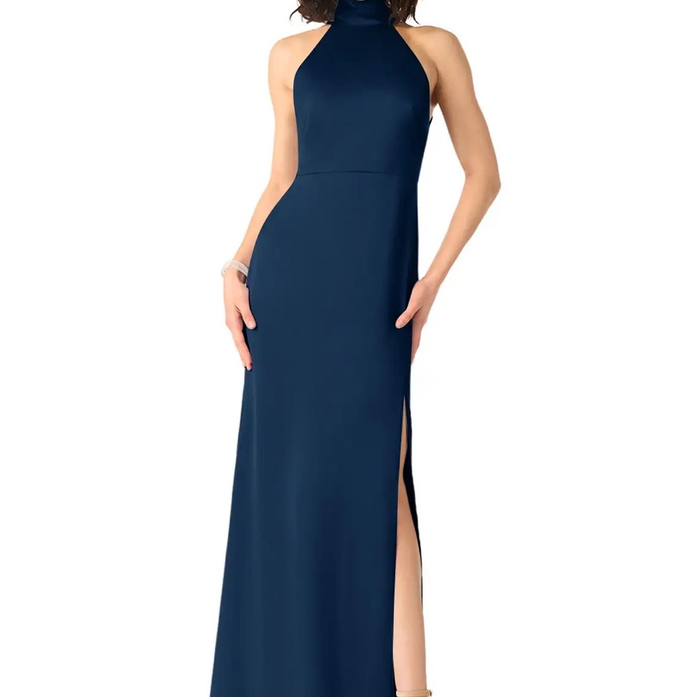 Azazie x Delaney - Dark Navy Sheath High Neck Stretch Satin Dress
